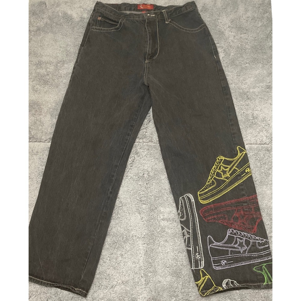 Akademiks Ak:cess Mens Baggy Jeans 36x32 Black Sneaker Graphic Y2K Streetwear